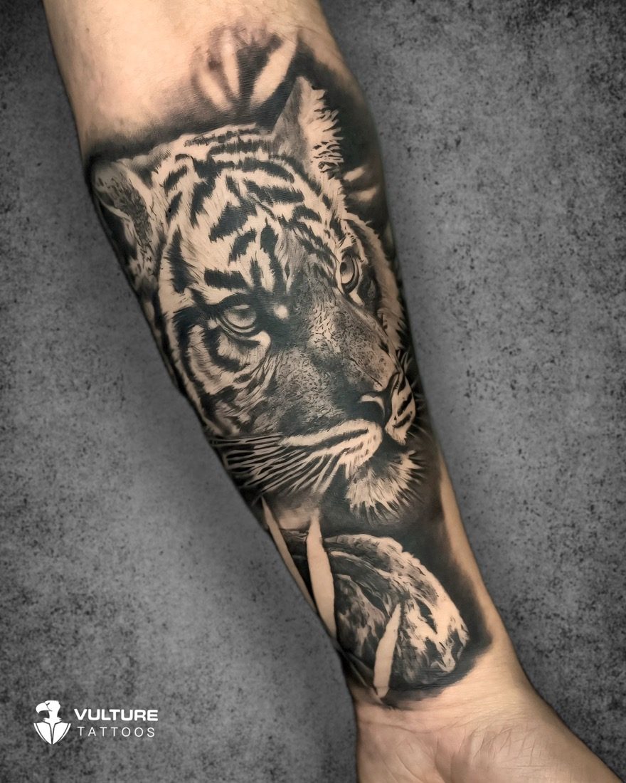Realistic Tiger Face Sleeve — tattoo by Vulture Tattoos, Gurugram