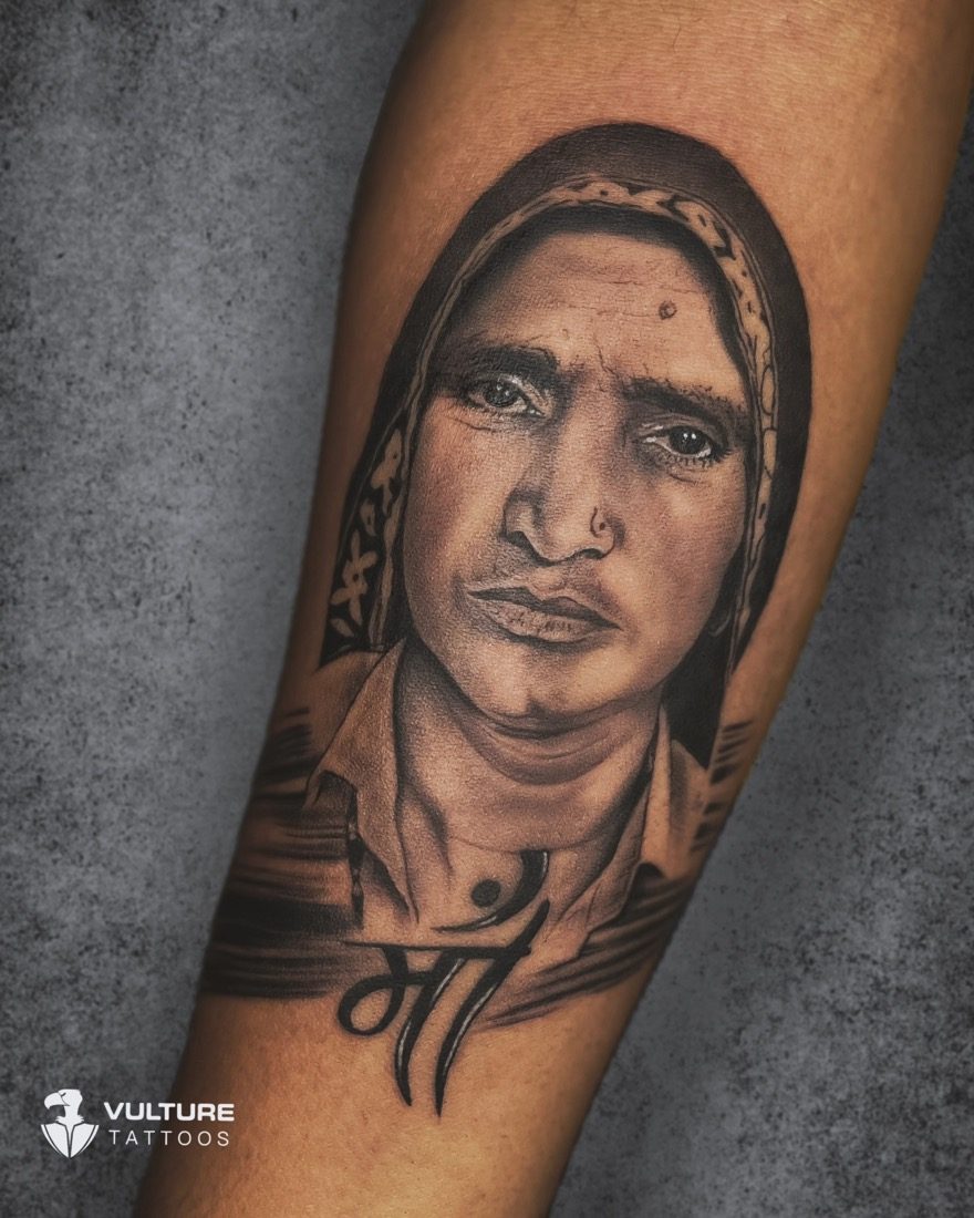 Maa Portrait With Script — tattoo by Vulture Tattoos, Gurugram