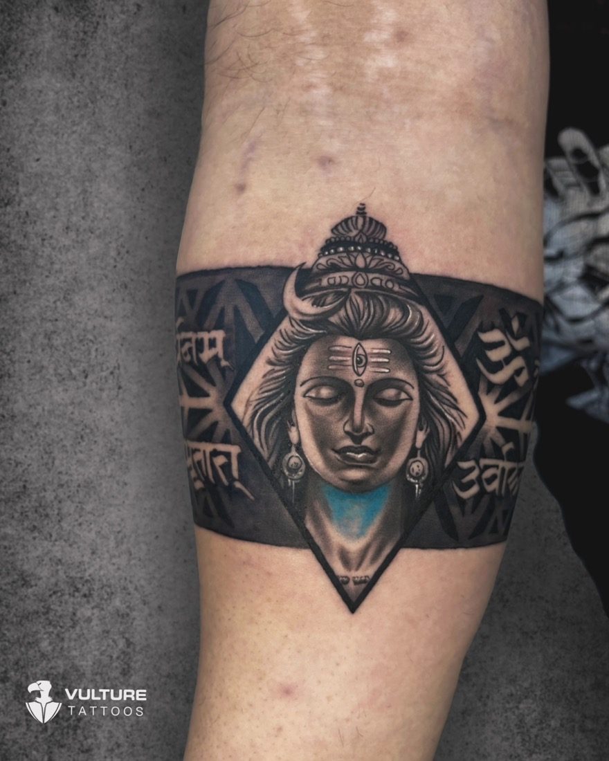 Mahadev Face Armband Band — tattoo by Vulture Tattoos, Gurugram