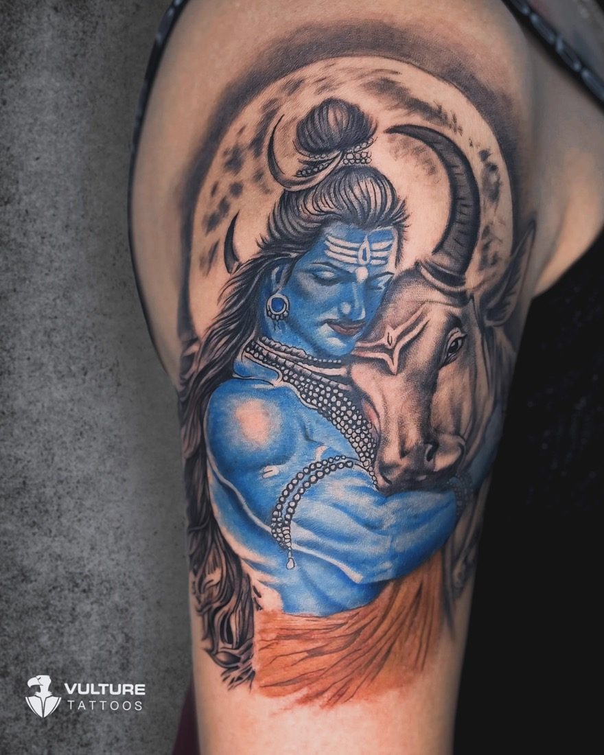 Shiva With Nandi Bull — tattoo by Vulture Tattoos, Gurugram