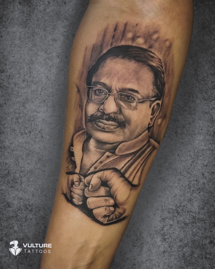 Father Portrait With Child — tattoo by Vulture Tattoos, Gurugram