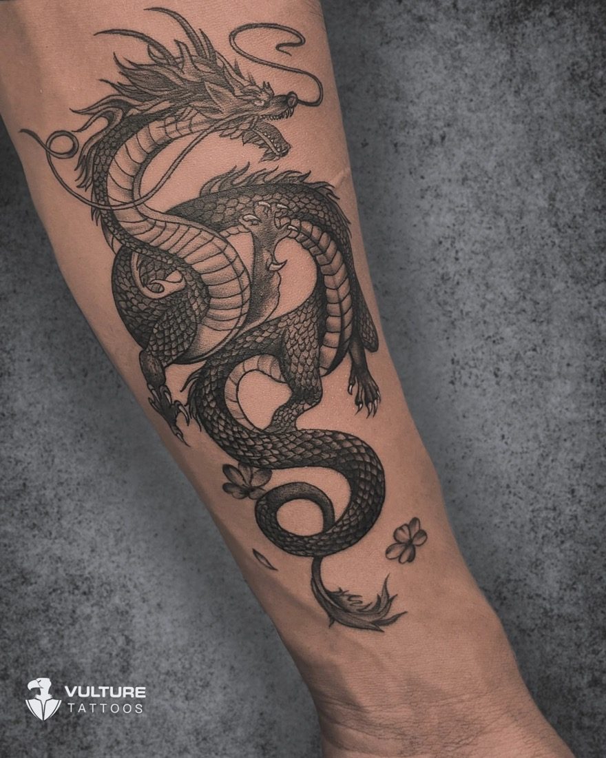 Black And Grey Dragon — tattoo by Vulture Tattoos, Gurugram