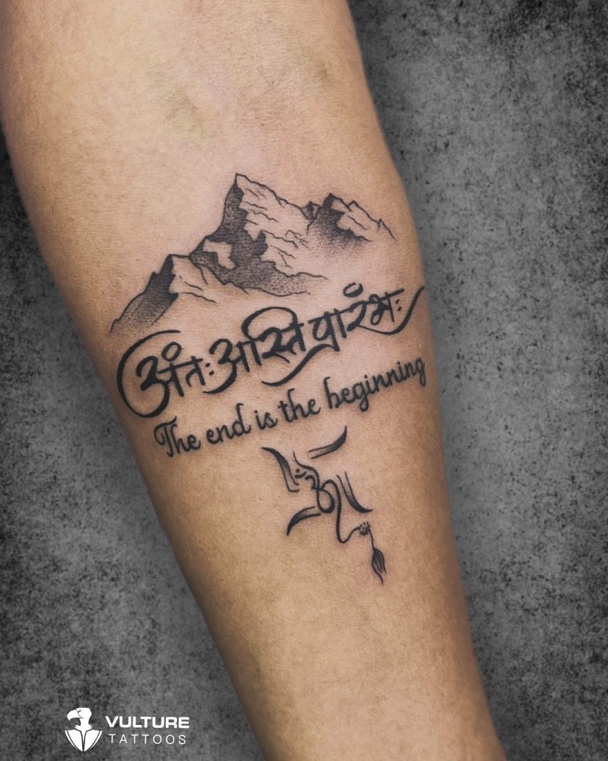Mountain Mantra Trishul Quote — tattoo by Vulture Tattoos, Gurugram