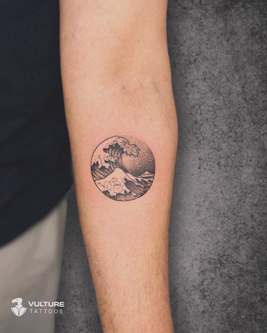 Great Wave Circle Dotwork — tattoo by Vulture Tattoos, Gurugram