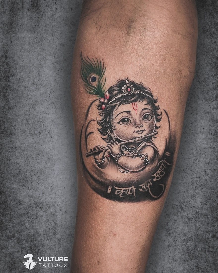 Baby Krishna With Flute — tattoo by Vulture Tattoos, Gurugram