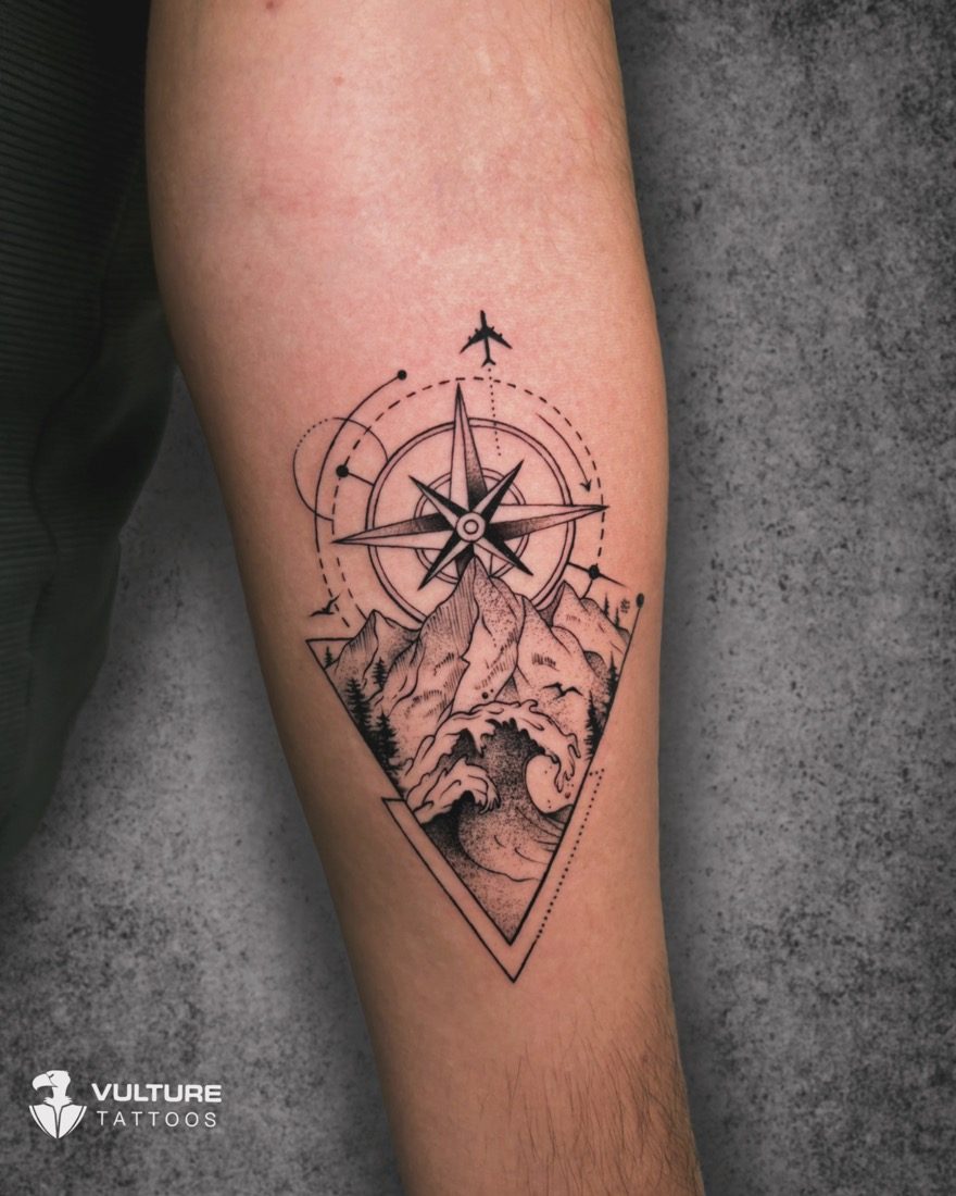 Compass Mountains Waves Triangle — tattoo by Vulture Tattoos, Gurugram