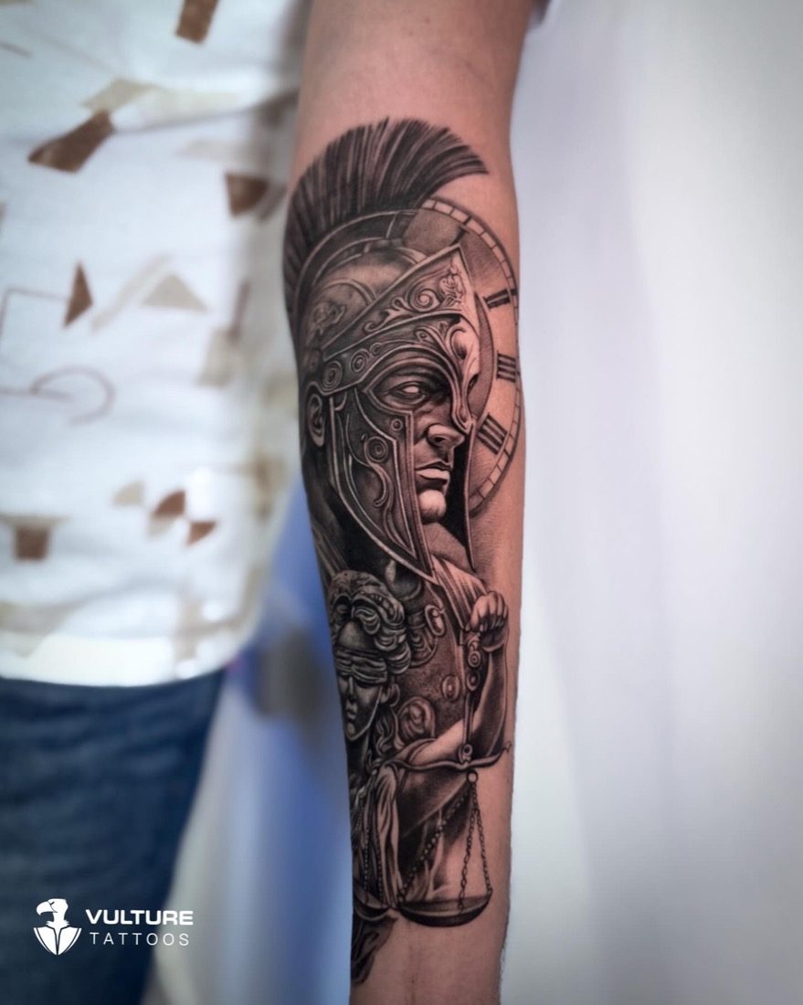 Spartan Warrior And Justice — tattoo by Vulture Tattoos, Gurugram