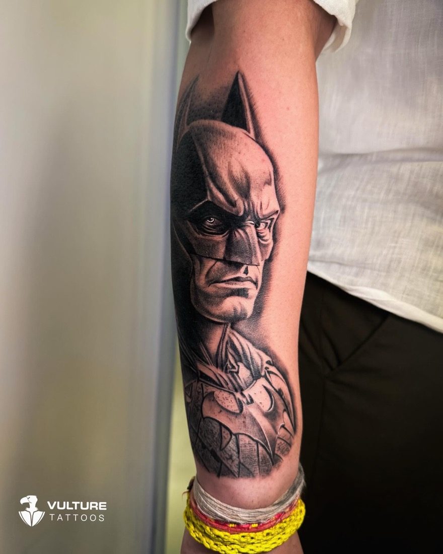 Batman Forearm Realism — tattoo by Vulture Tattoos, Gurugram