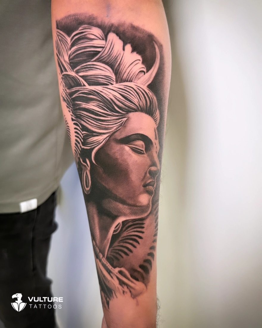 Mahadev Profile Forearm Piece — tattoo by Vulture Tattoos, Gurugram