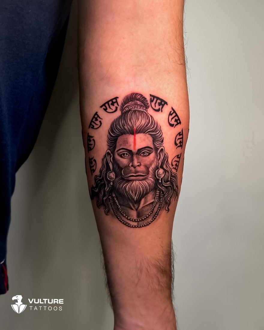 Hanuman With Ram Mantra — tattoo by Vulture Tattoos, Gurugram