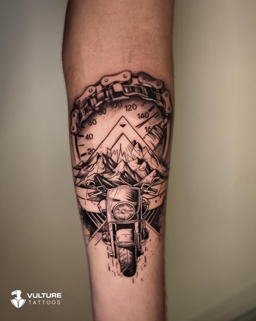 Motorcycle Mountains Speedometer Ride — tattoo by Vulture Tattoos, Gurugram