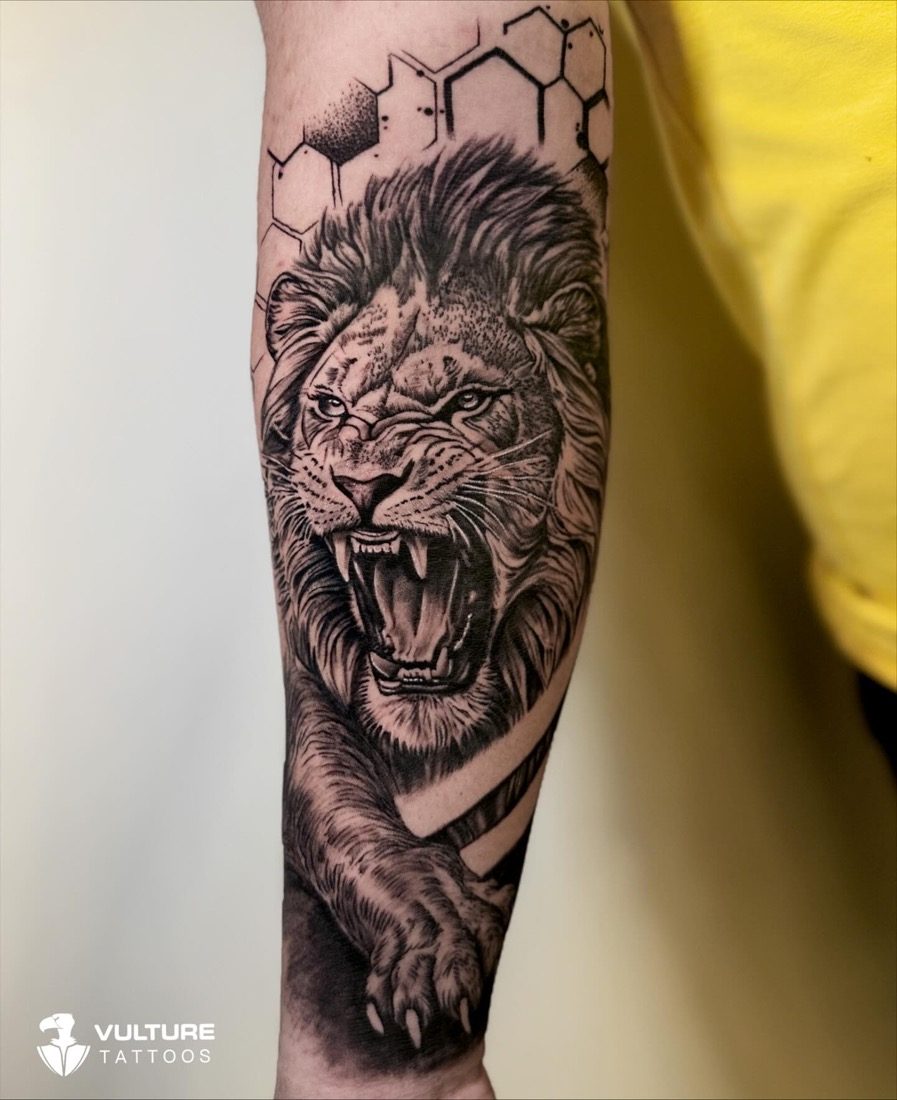 Realistic Roaring Lion Forearm — tattoo by Vulture Tattoos, Gurugram
