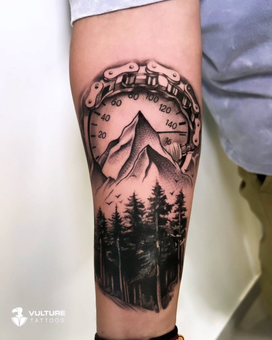 Chain Gauge Mountain Forest — tattoo by Vulture Tattoos, Gurugram
