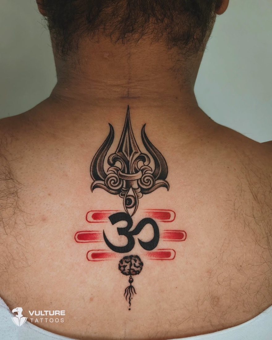Trishul Om Rudraksha Piece — tattoo by Vulture Tattoos, Gurugram