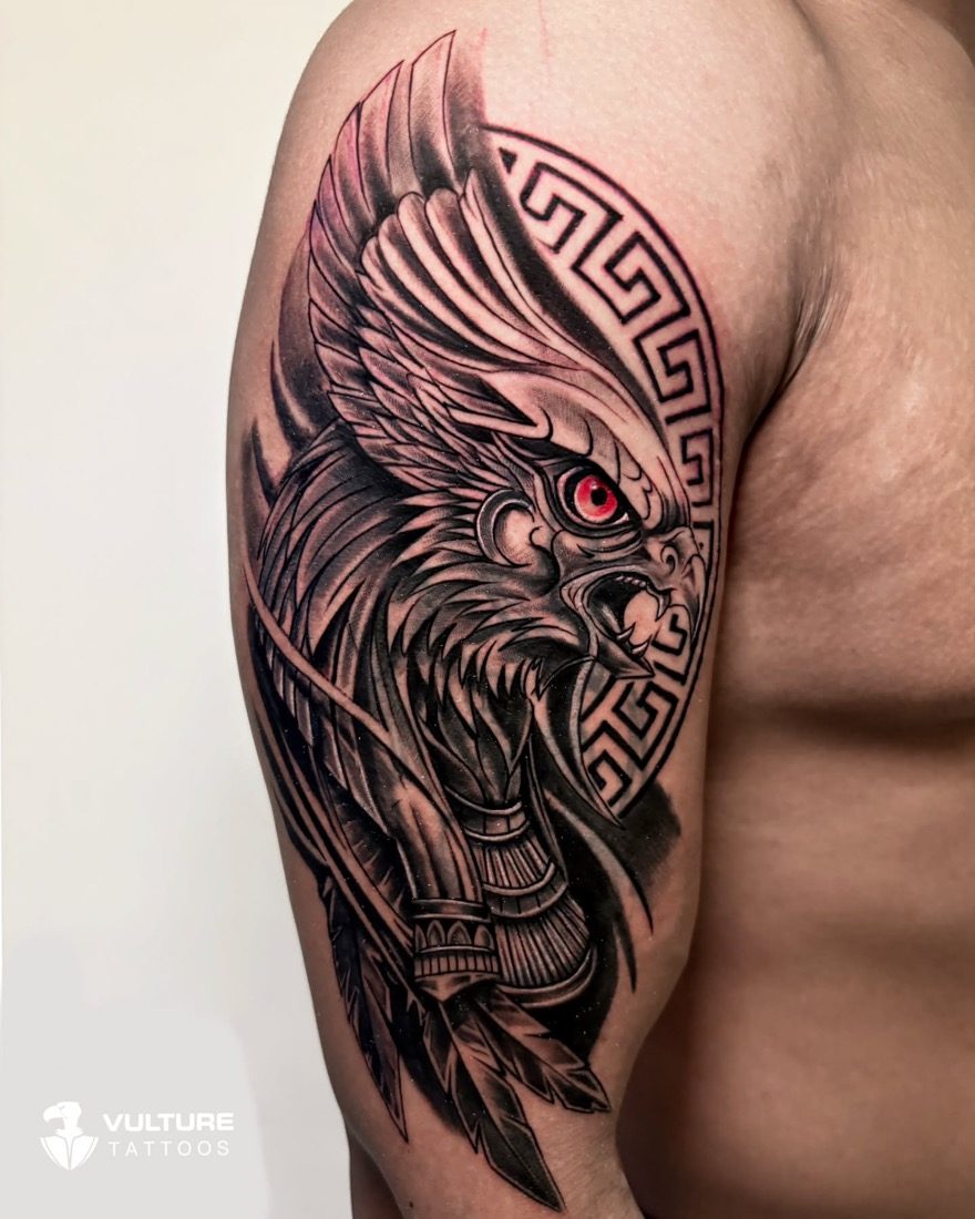 Realistic Eagle Greek Key — tattoo by Vulture Tattoos, Gurugram