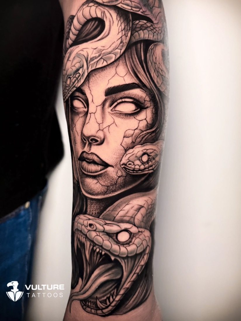 Medusa With Coiling Snakes — tattoo by Vulture Tattoos, Gurugram