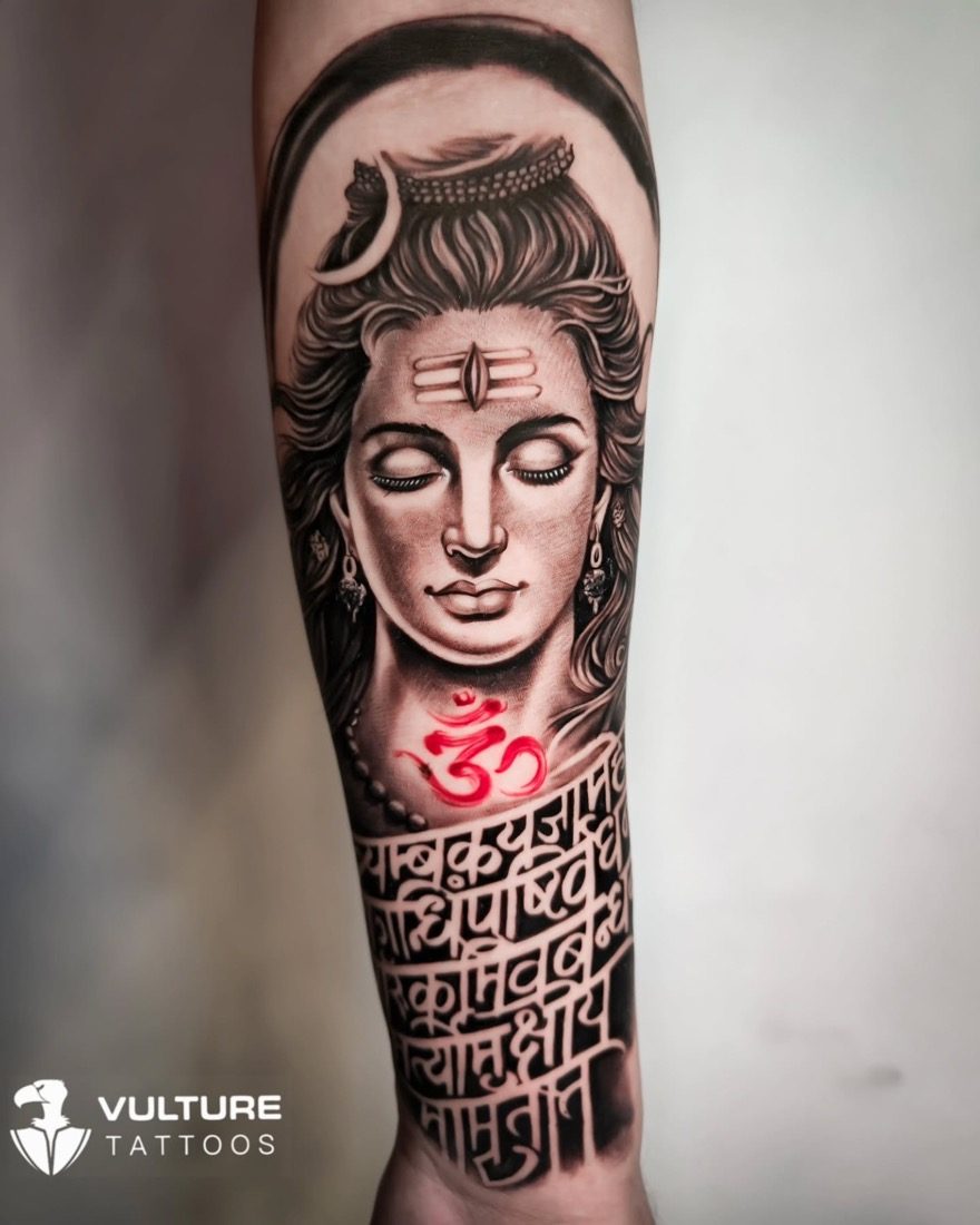 Lord Shiva Mantra Sleeve — tattoo by Vulture Tattoos, Gurugram