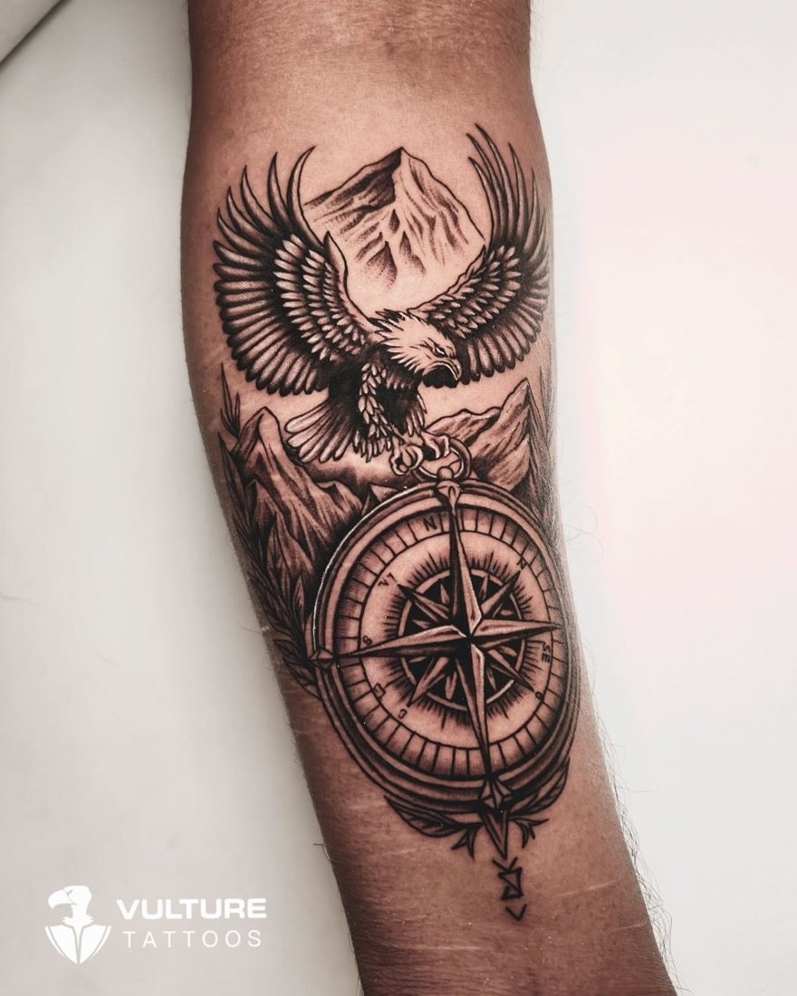 Eagle Compass And Mountains — tattoo by Vulture Tattoos, Gurugram