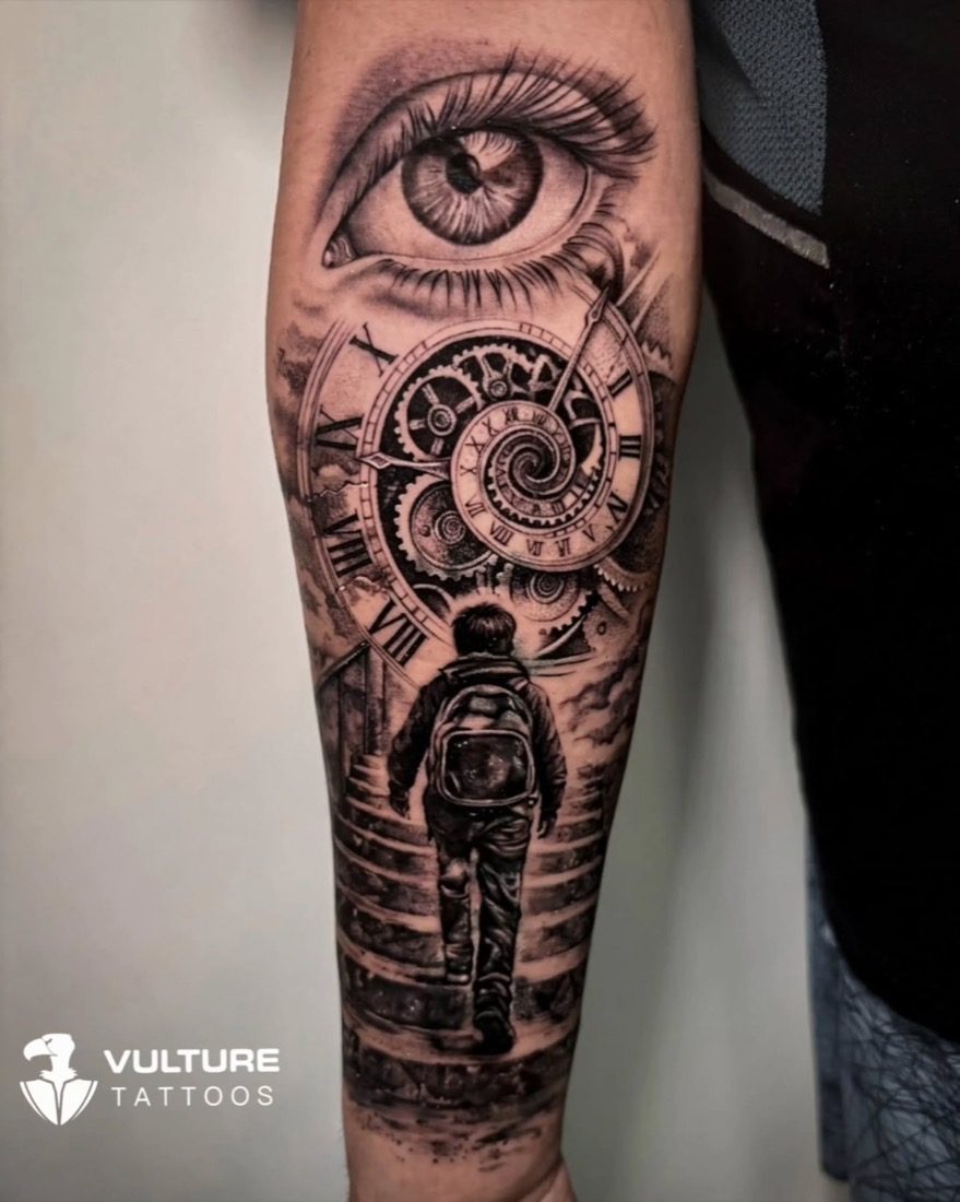 Realistic Eye Clock Forearm Sleeve — tattoo by Vulture Tattoos, Gurugram