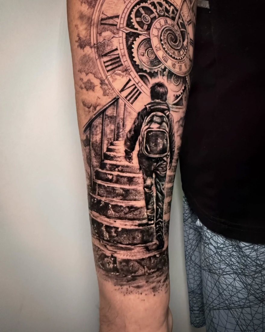 Boy Climbing Stairs Clock — tattoo by Vulture Tattoos, Gurugram