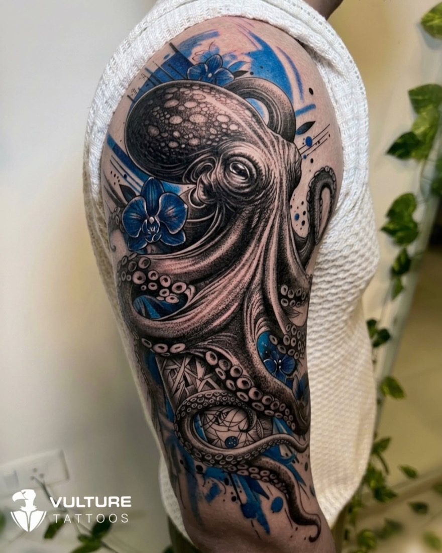 Octopus And Orchid Sleeve — tattoo by Vulture Tattoos, Gurugram