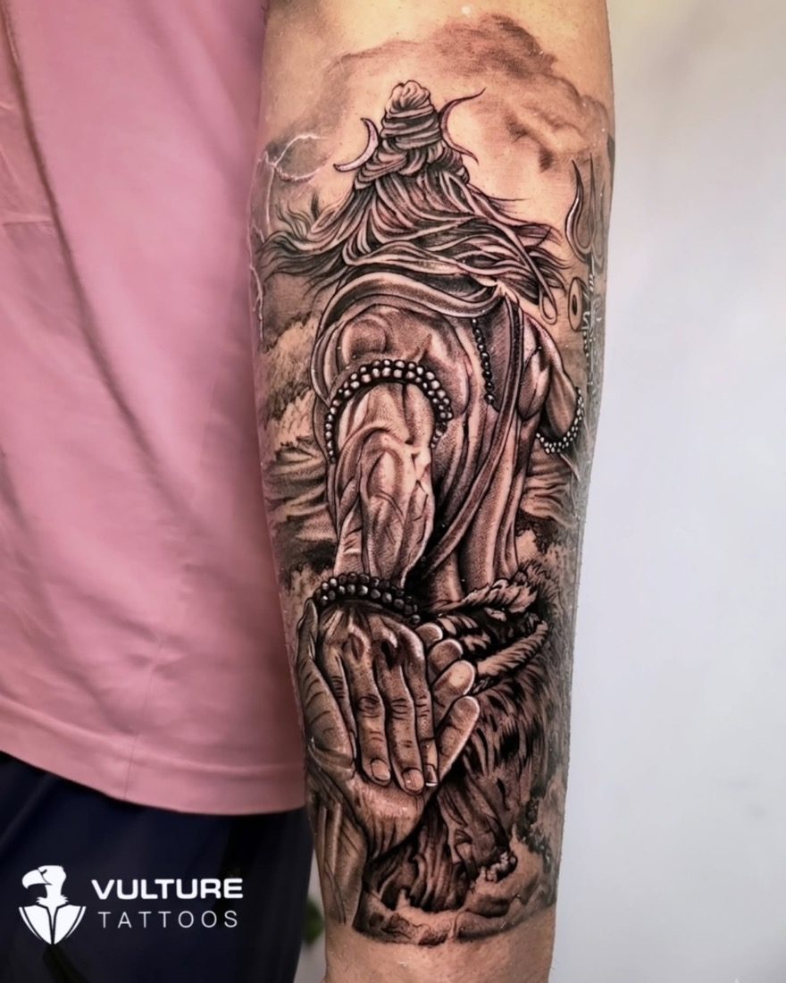 Mahadev Meditating Forearm Realism — tattoo by Vulture Tattoos, Gurugram