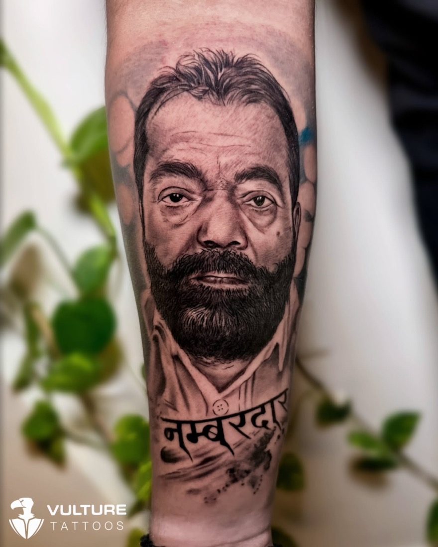 Bearded Man Portrait Nambardar — tattoo by Vulture Tattoos, Gurugram