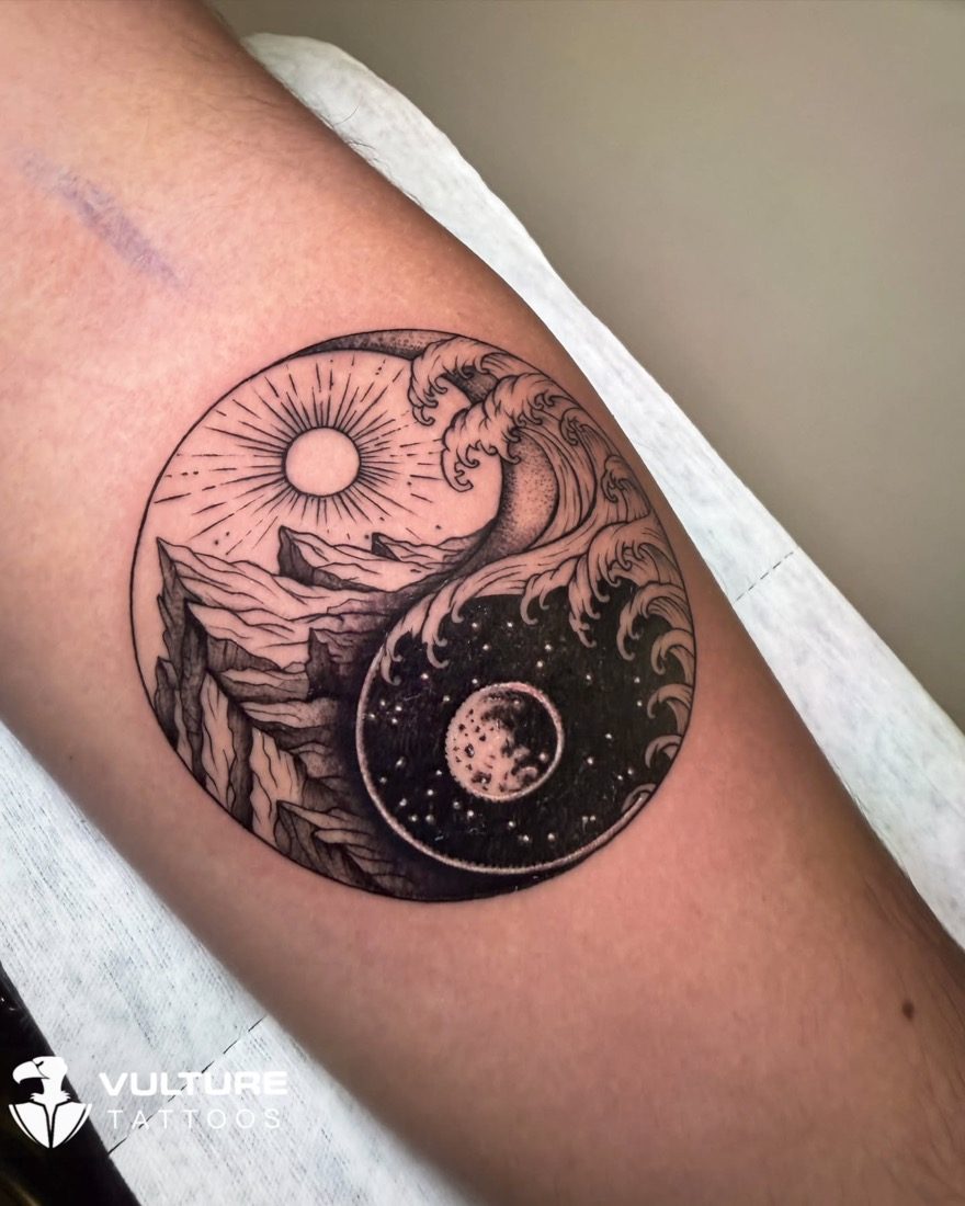 Yin Yang Mountains And Waves — tattoo by Vulture Tattoos, Gurugram