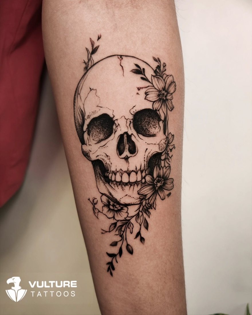 Floral Skull Forearm Piece — tattoo by Vulture Tattoos, Gurugram