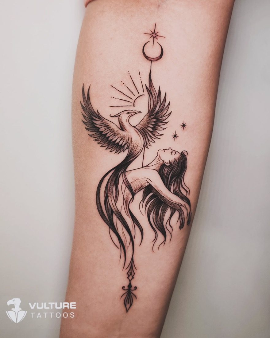 Phoenix Woman And Moon — tattoo by Vulture Tattoos, Gurugram