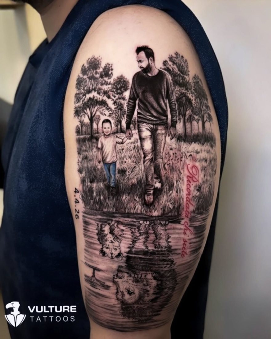 Father And Son Reflection Portrait — tattoo by Vulture Tattoos, Gurugram