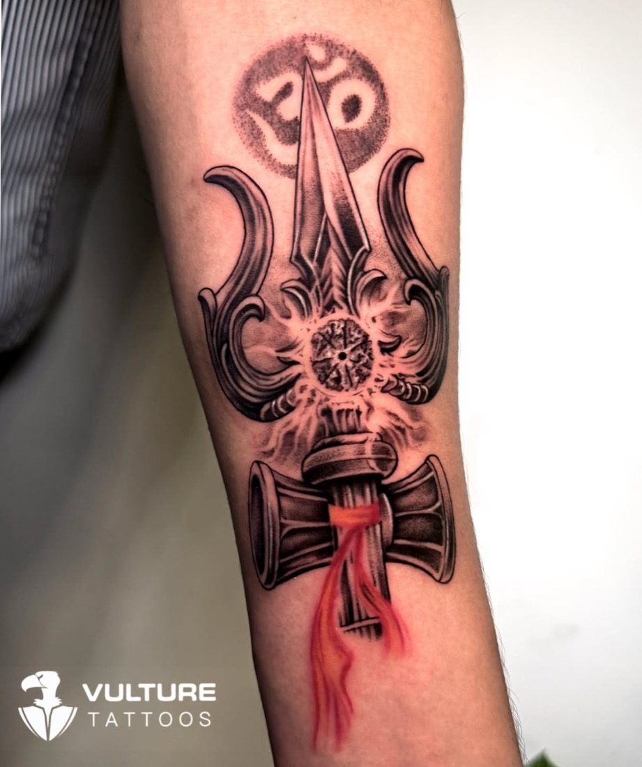 Trishul With Om And Damru — tattoo by Vulture Tattoos, Gurugram