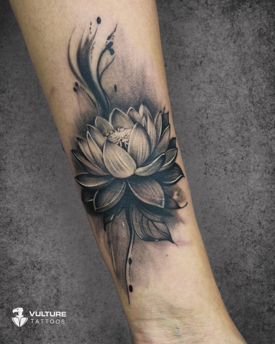 Blackwork Lotus Forearm Piece — tattoo by Vulture Tattoos, Gurugram