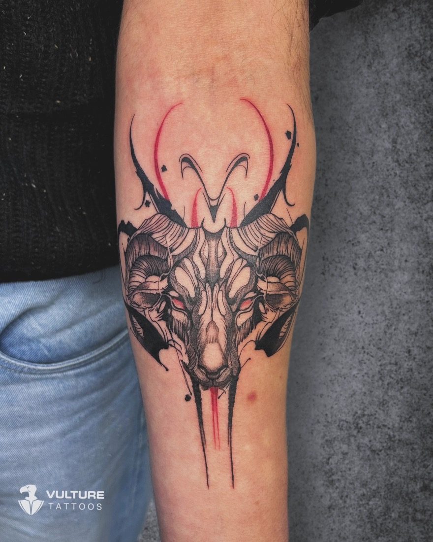 Horned Ram Skull Sketch — tattoo by Vulture Tattoos, Gurugram