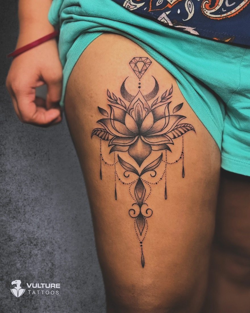 Ornamental Lotus With Diamond — tattoo by Vulture Tattoos, Gurugram
