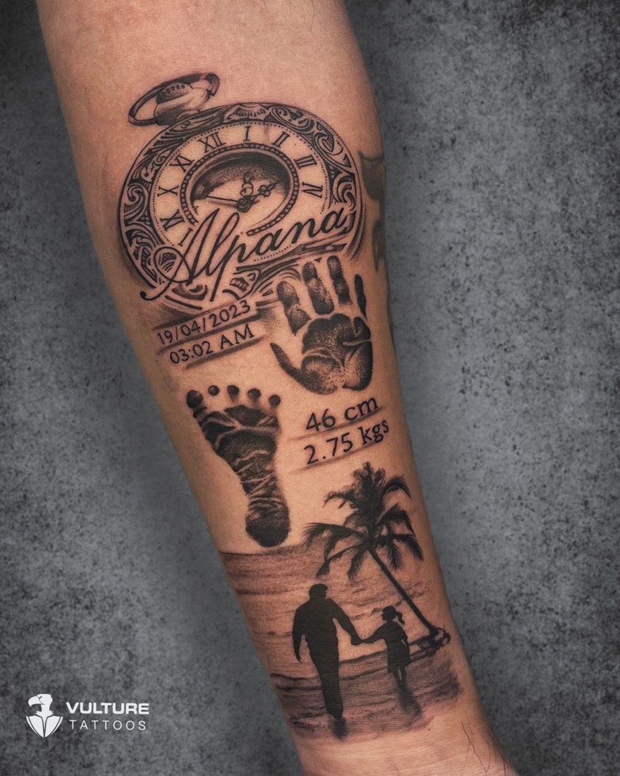 Newborn Memorial Clock Sleeve — tattoo by Vulture Tattoos, Gurugram