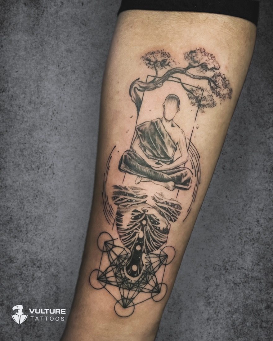 Meditating Monk Sacred Geometry — tattoo by Vulture Tattoos, Gurugram