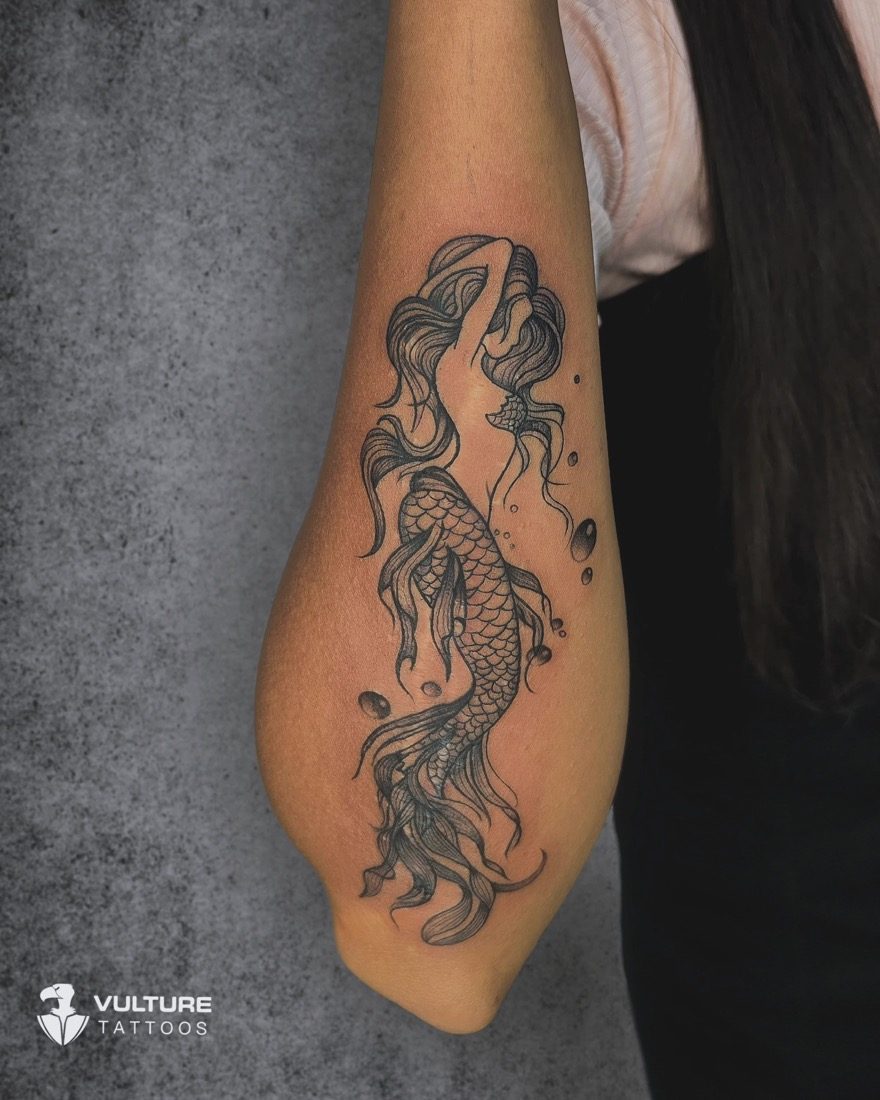 Fine-Line Mermaid With Bubbles — tattoo by Vulture Tattoos, Gurugram