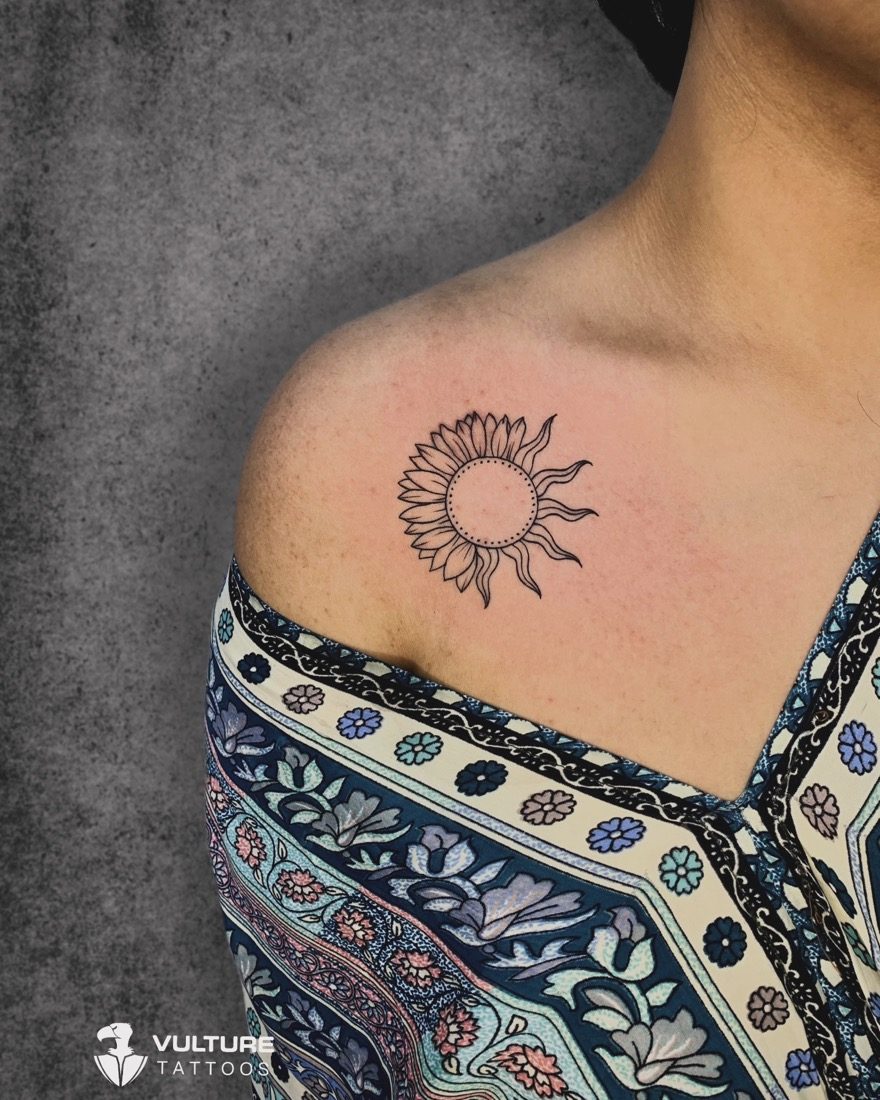 Fine Line Sun Shoulder — tattoo by Vulture Tattoos, Gurugram