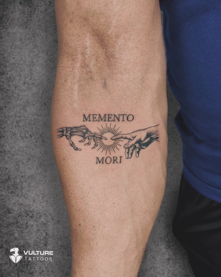 Memento Mori Creation Hands — tattoo by Vulture Tattoos, Gurugram