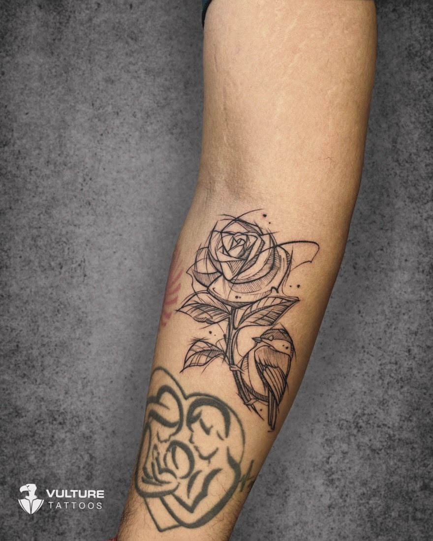 Sketch Rose With Bird — tattoo by Vulture Tattoos, Gurugram