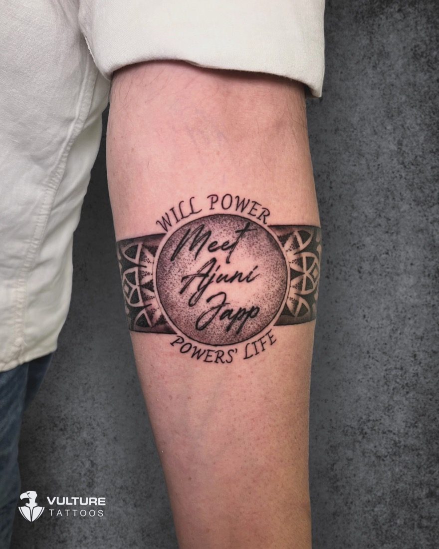 Willpower Name Script Armband — tattoo by Vulture Tattoos, Gurugram