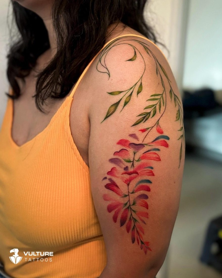 Watercolor Trailing Floral Vine — tattoo by Vulture Tattoos, Gurugram