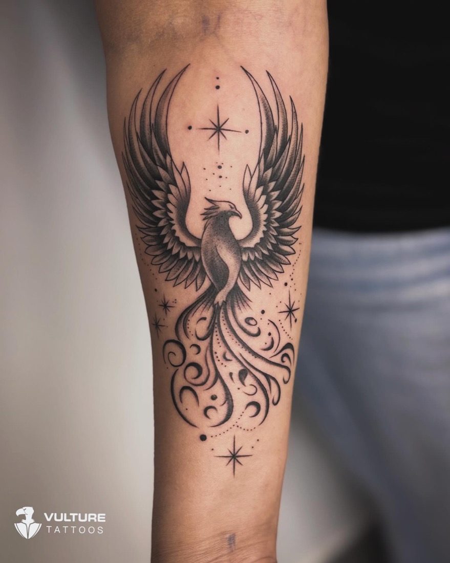 Black And Grey Phoenix — tattoo by Vulture Tattoos, Gurugram