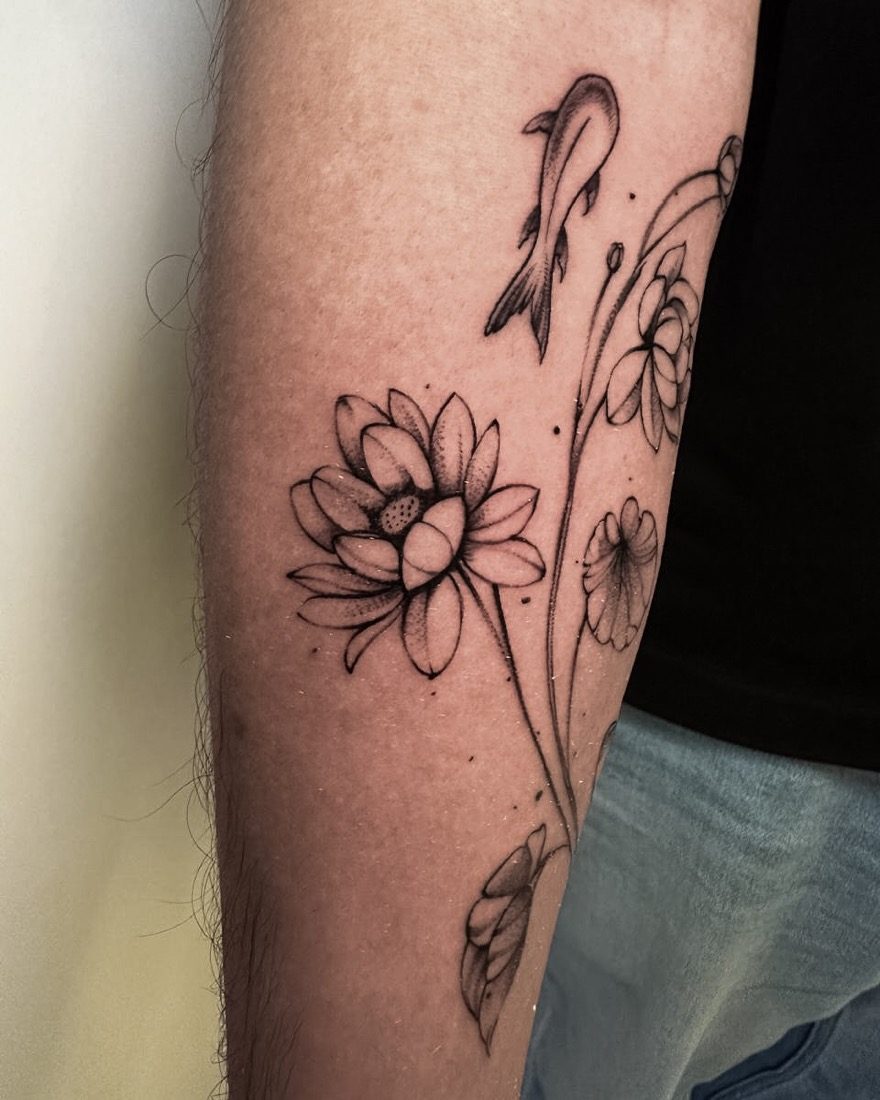Fine-Line Koi And Lotus — tattoo by Vulture Tattoos, Gurugram