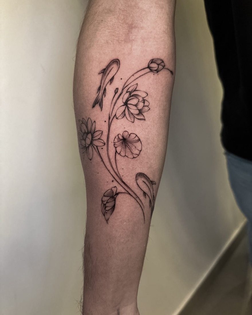 Fine-Line Koi And Florals — tattoo by Vulture Tattoos, Gurugram