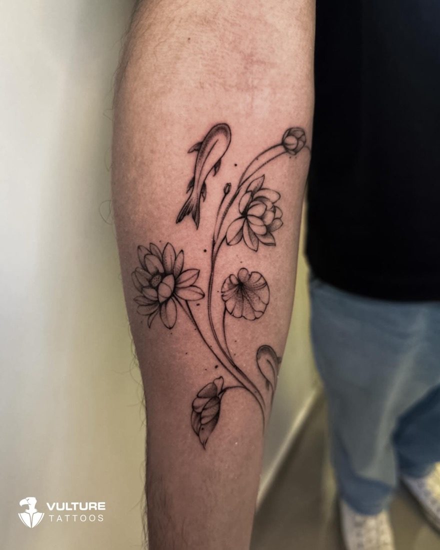 Fine-Line Koi And Florals — tattoo by Vulture Tattoos, Gurugram