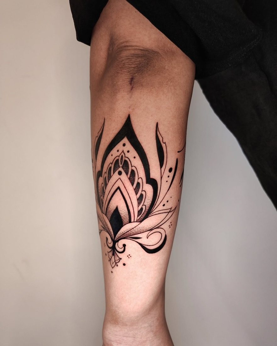 Dotwork Lotus Ornamental Flourish — tattoo by Vulture Tattoos, Gurugram
