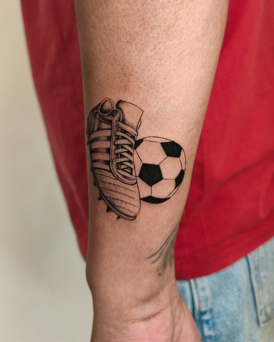 Football Boot And Ball — tattoo by Vulture Tattoos, Gurugram