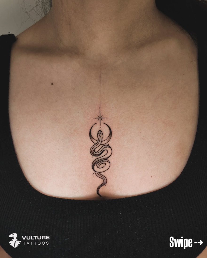 Snake Crescent Moon Sternum — tattoo by Vulture Tattoos, Gurugram